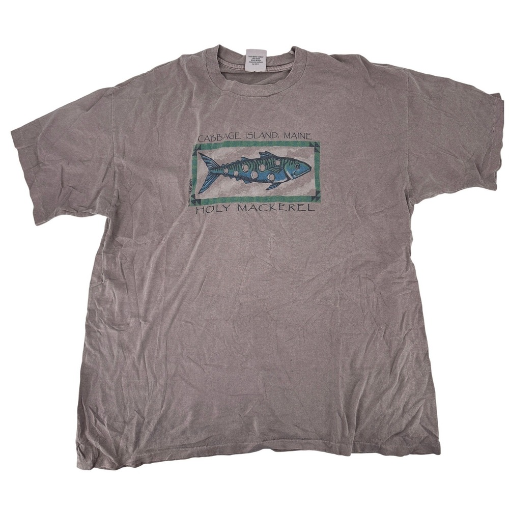 Vintage Anvil Holy Mackerel Cabbage Island Maine T-Shirt XL Pigment Dyed Gray